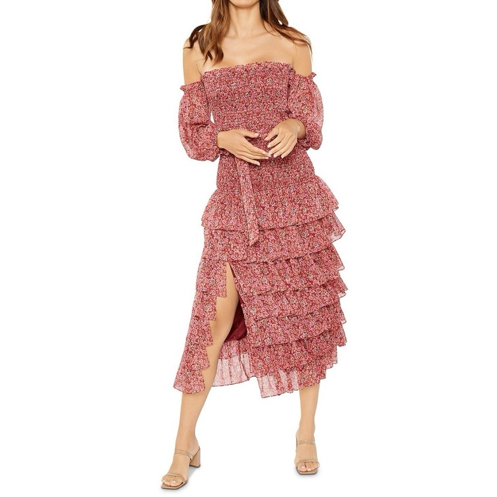 LIKELY Mitzie Smocked Ruffle Tiered Midi Dress Tibetan Red Multi Size 6 NWT $298